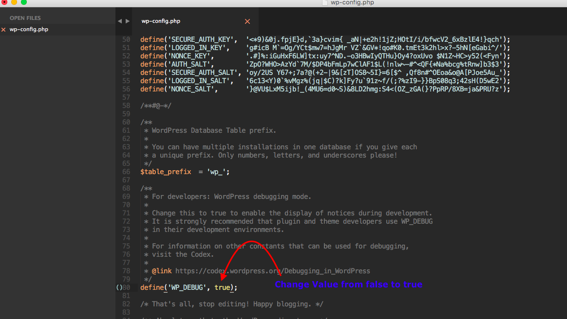 Change WP_DEBUG value from false to true.