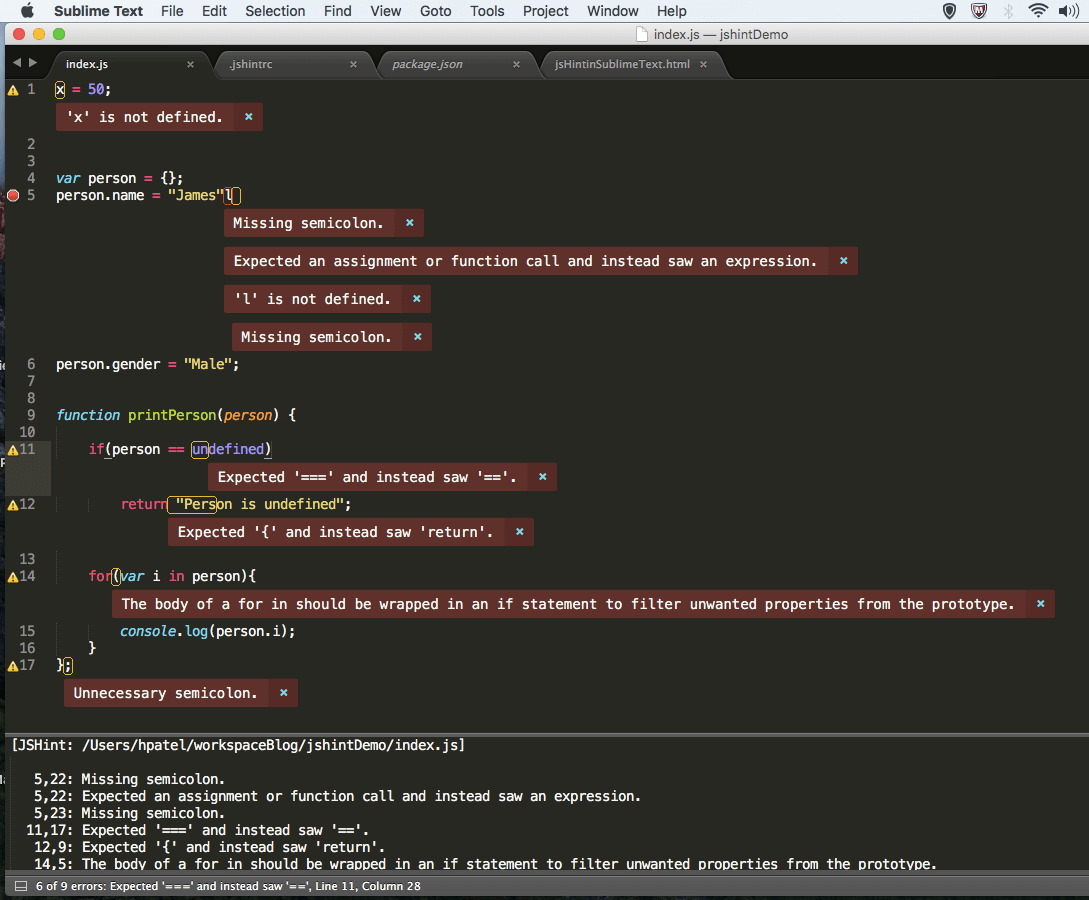 jsHint plugin shows error in sublime text